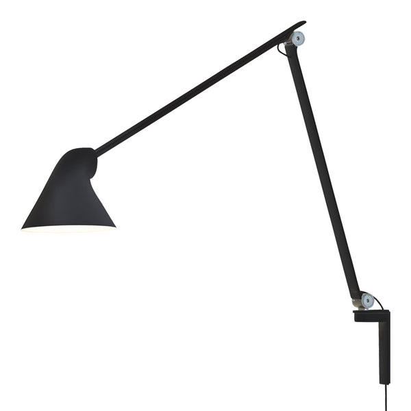 Black adjustable wall lamp with a minimalist design and sleek lines, ideal for modern decor.