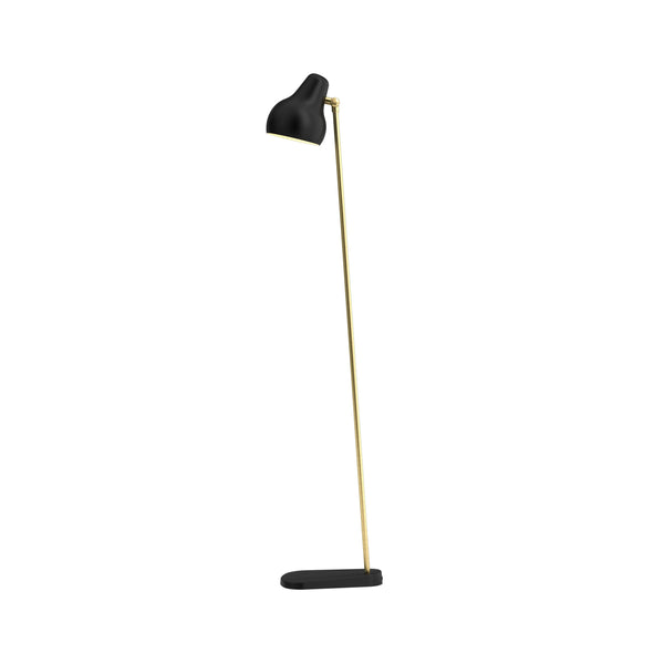 Sleek black floor lamp with a gold metal base and minimalist design, perfect for modern decor.