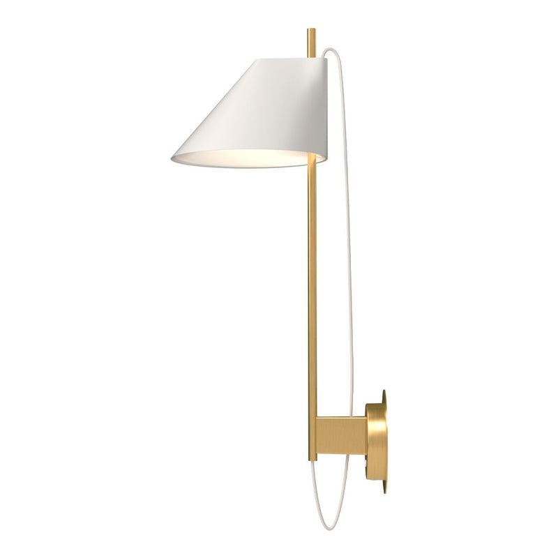 Modern gold wall lamp with a sleek white shade and elegant design. Perfect for contemporary interiors.