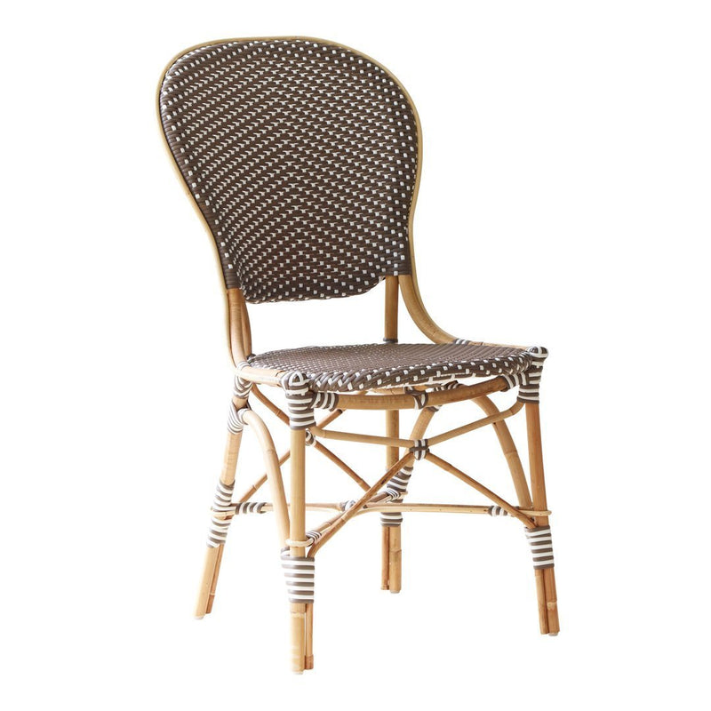Brown woven rattan chair with a textured pattern and subtle white accents, perfect for a stylish dining setting.