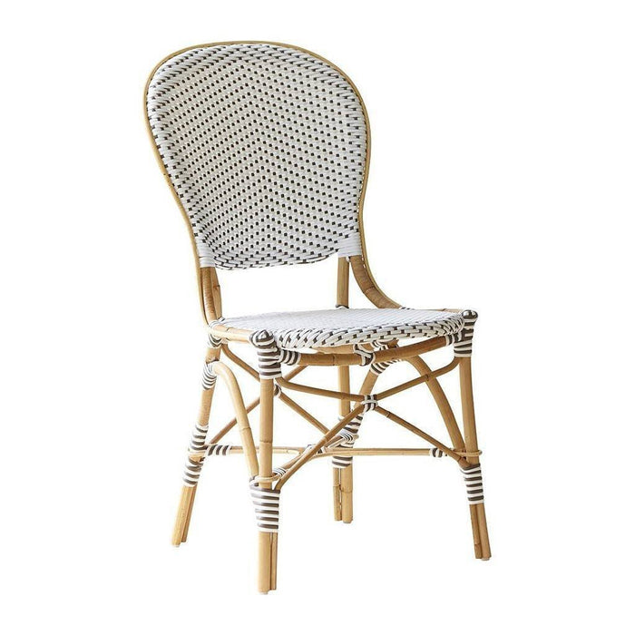 White and black patterned woven seat with bamboo frame, featuring a classic, elegant design. Perfect for any decor.