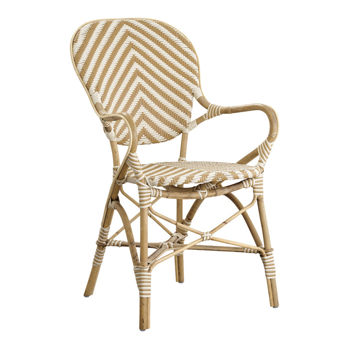 Light beige and cream woven chair with a stylish herringbone pattern and natural bamboo frame. Perfect for trendy decor.