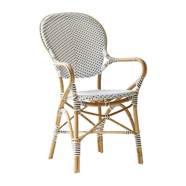 White and woven-patterned chair with natural bamboo accents and delicate black stripes, perfect for stylish decor.