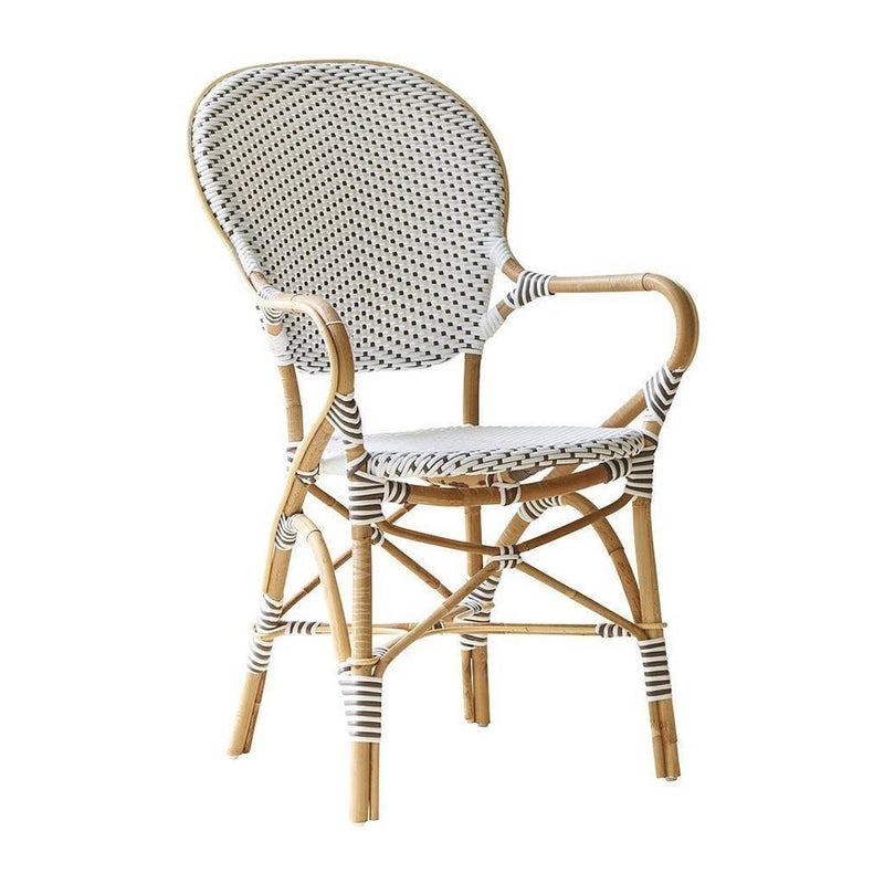 White and woven-patterned chair with natural bamboo accents and delicate black stripes, perfect for stylish decor.
