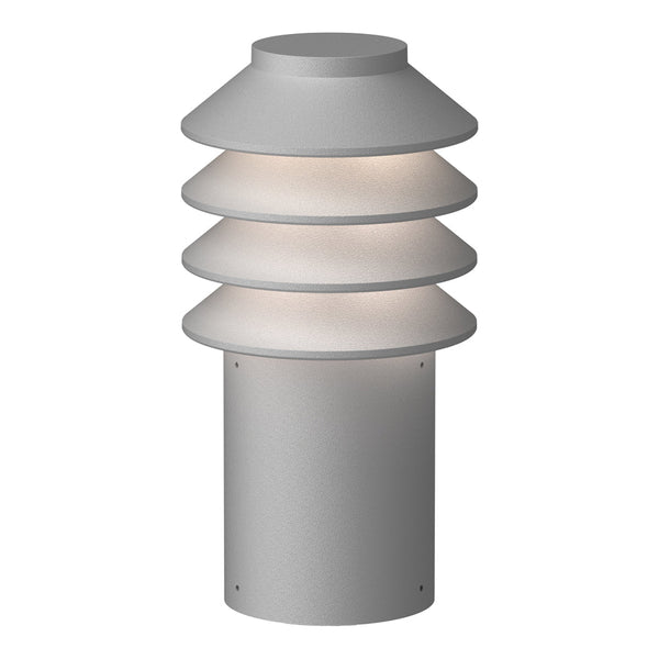 Gray outdoor lamp featuring a stacked, layered design with a smooth finish and soft, rounded edges. 