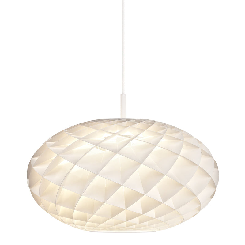 White pendant lamp with a geometric diamond pattern and soft, textured finish, creating a modern aesthetic.