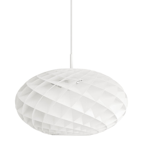 White pendant lamp with a textured, pleated design and elegant oval shape, perfect for modern decor.