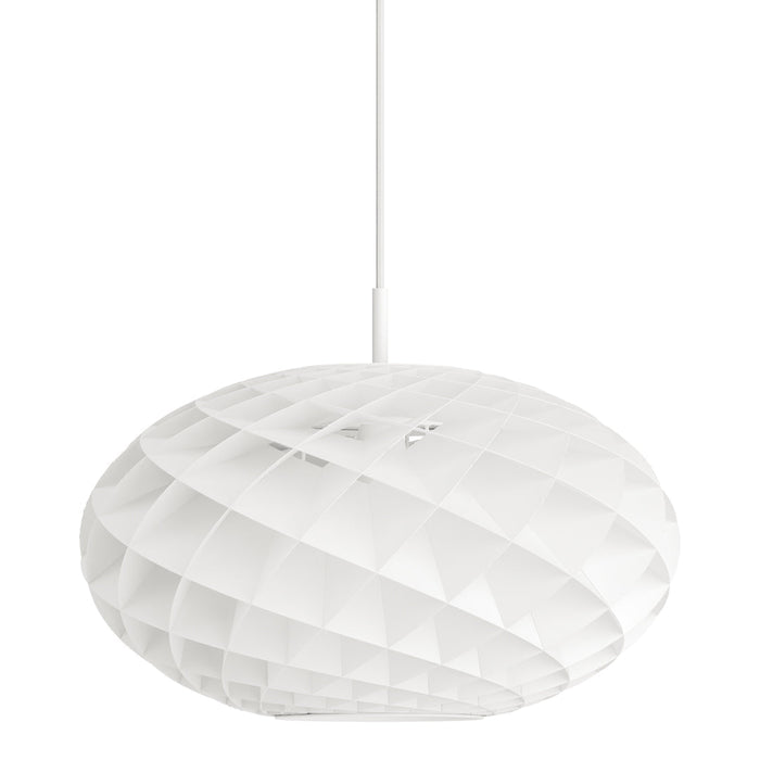 White pendant lamp with a textured, pleated design and elegant oval shape, perfect for modern decor.