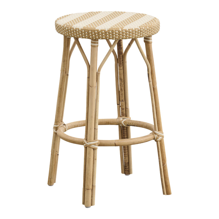 Natural bamboo stool with a woven cream and beige striped seat, featuring a minimalist design and lightweight structure.