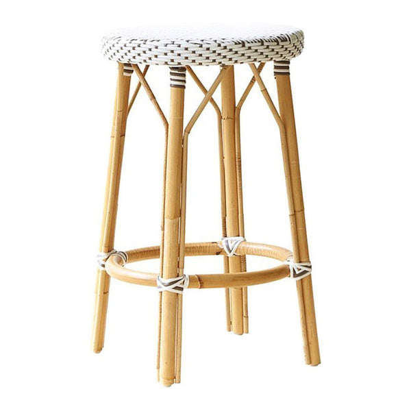 Natural bamboo stool with white woven seat and black patterned accents, perfect for a stylish, modern aesthetic.