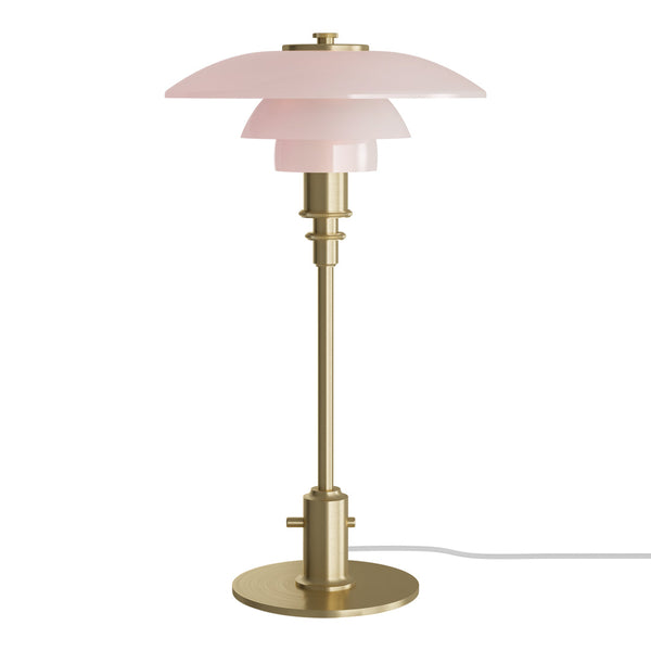Pink layered lampshade with brass base, modern design showcasing soft hues and elegant curves.