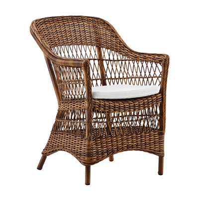 "Woven brown rattan chair with a white cushion, featuring a geometric pattern and natural aesthetic."