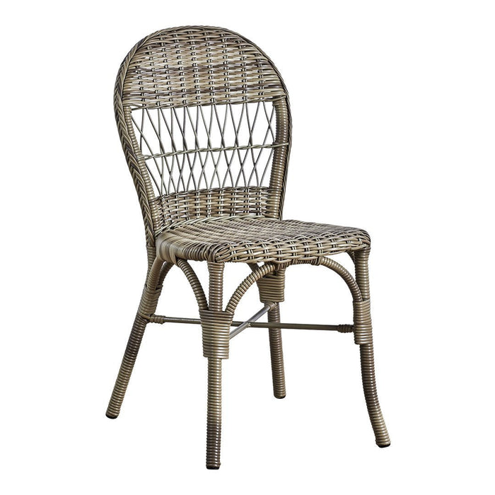 Woven rattan chair in natural beige tones with a textured pattern, featuring elegant curved backrest and legs.
