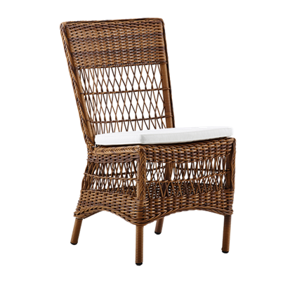 Brown wicker chair with a geometric pattern and white cushion, perfect for outdoor or indoor seating.