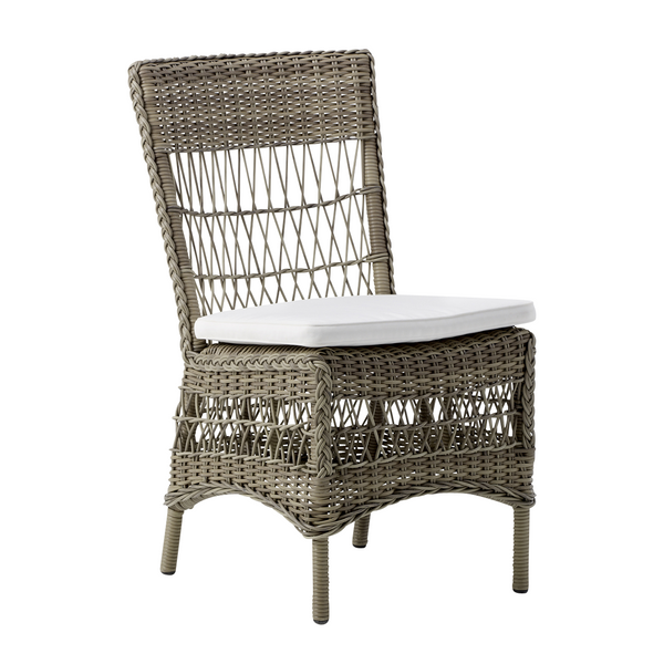 Light gray woven chair with a white cushion, featuring a geometric pattern and elegant, natural tones.