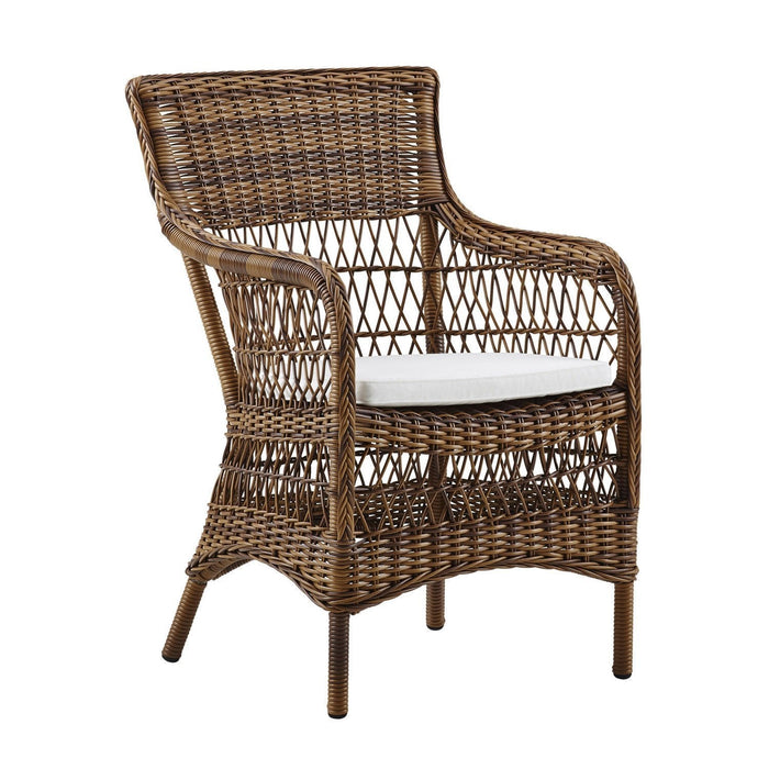 Natural wicker chair with a textured brown pattern and white cushioned seat for a stylish, contemporary look.