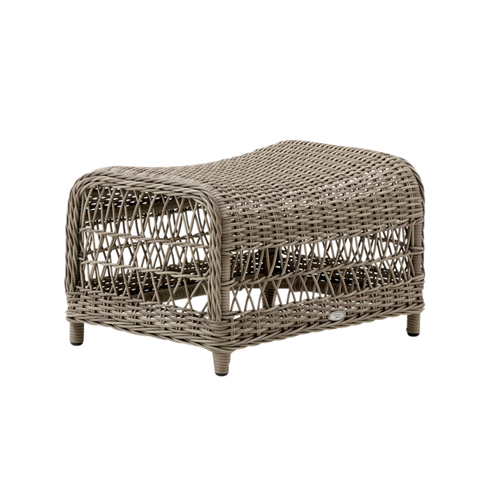 Taupe woven ottoman with intricate lattice pattern and rounded edges. Perfect for stylish indoor or outdoor seating.