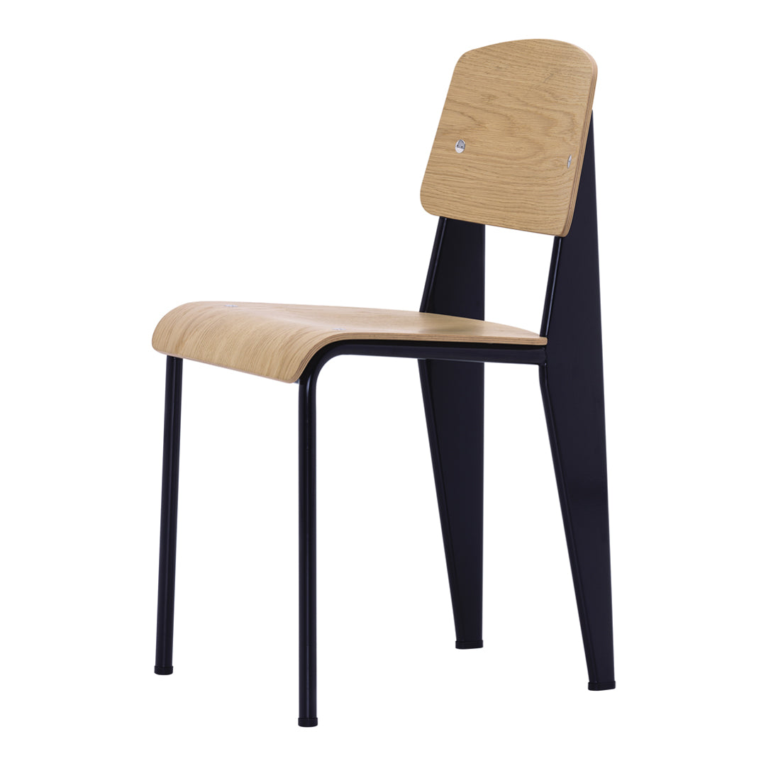Modern wooden chair with a light oak seat and sleek black metal legs, featuring a minimalist design.