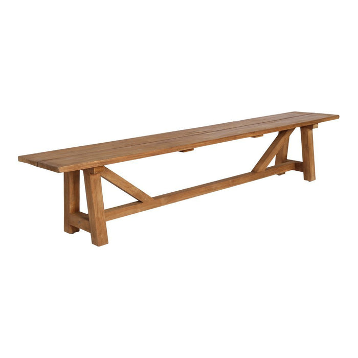 Natural wood bench with a warm, honey-brown finish and rustic detailing, perfect for outdoor or indoor settings.