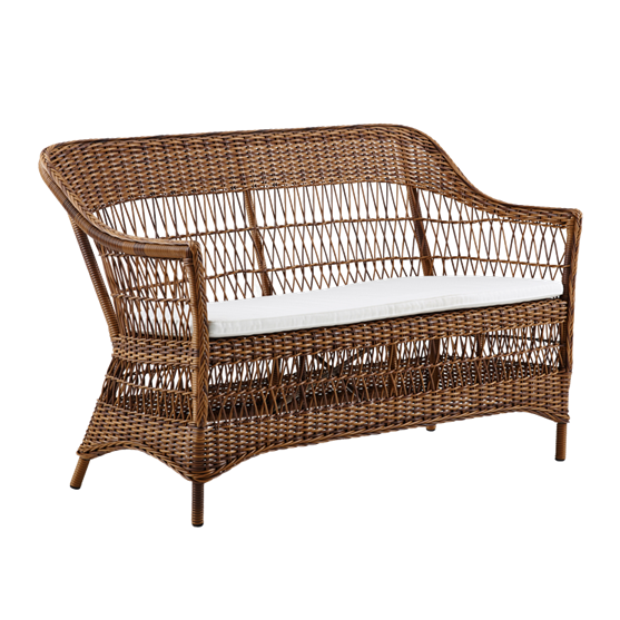 Brown woven rattan loveseat with white cushion, featuring a modern, elegant design and open weave pattern.