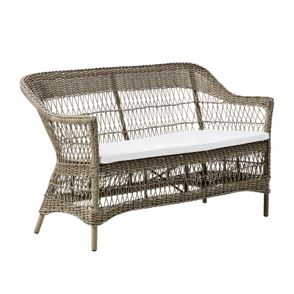 Woven tan loveseat with a textured pattern and white cushion, perfect for outdoor or indoor decor.