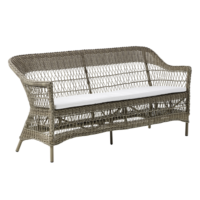 Gray woven wicker sofa with a light beige cushion, featuring an open pattern for a modern aesthetic.