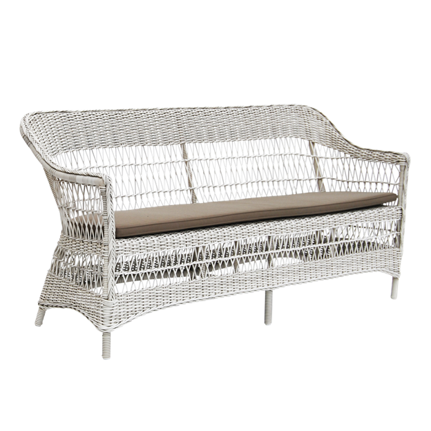 White woven wicker sofa with a solid beige cushion, featuring a sleek and modern design. Perfect for outdoor settings.