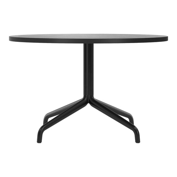 Black round table with a minimalist design and sleek black three-legged base. Perfect for modern interiors.