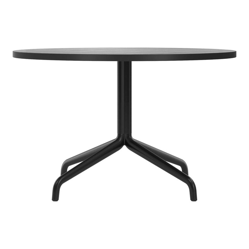 Black round table with a minimalist design and sleek black three-legged base. Perfect for modern interiors.
