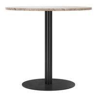 Round marble-top table with beige tones and sleek black metal base, perfect for modern decor.