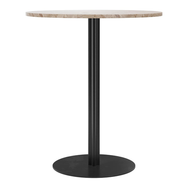 Round table with a light marble top and a sleek black metal base, perfect for modern decor.