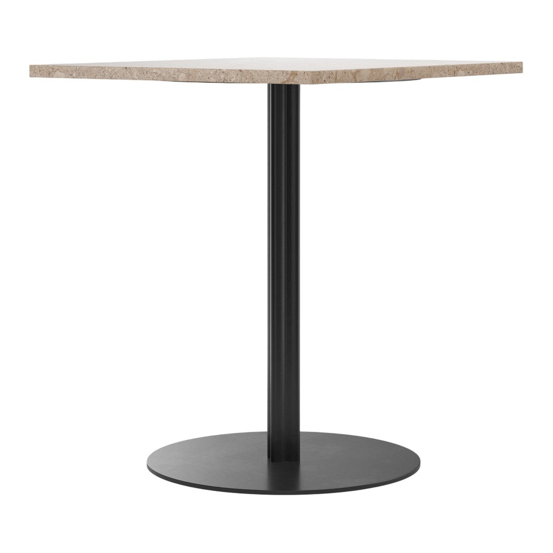 Square tabletop in light beige with textured finish, supported by a sleek black metal base. Perfect for modern decor.
