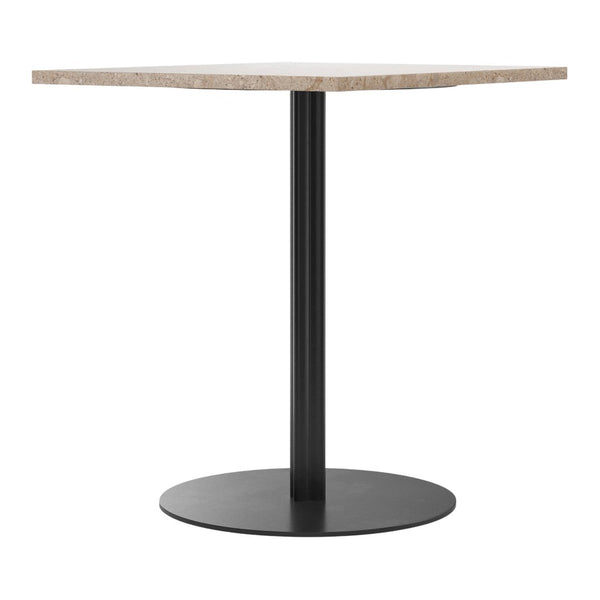 Square tabletop in light beige with textured finish, supported by a sleek black metal base. Perfect for modern decor.