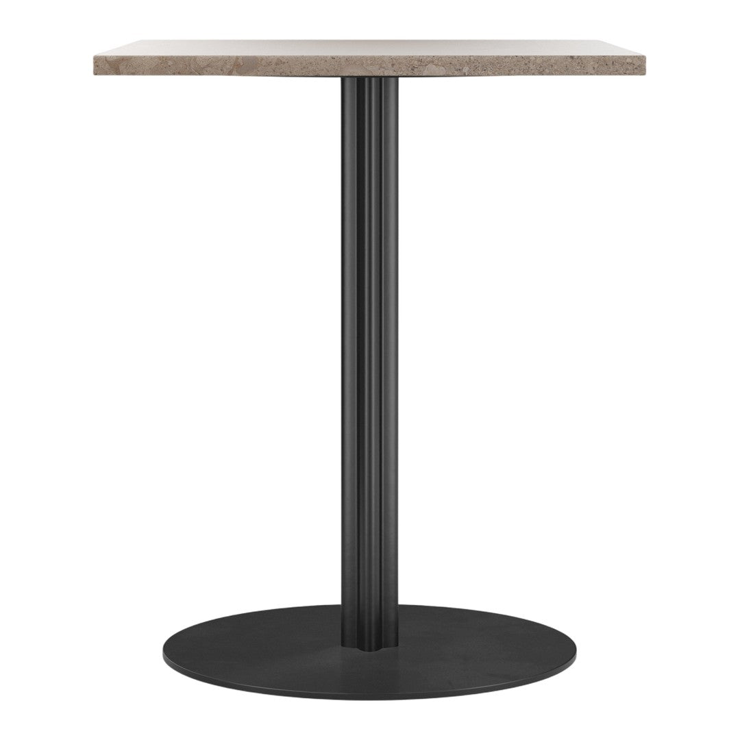 Stylish marble-patterned tabletop in neutral tones with a sleek black base for a modern look.