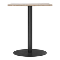 Square beige tabletop on a sleek black base, featuring a modern and minimalist design. Perfect for contemporary settings.