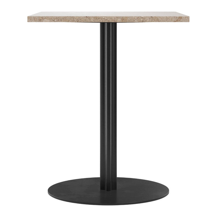 Square beige tabletop on a sleek black base, featuring a modern and minimalist design. Perfect for contemporary settings.