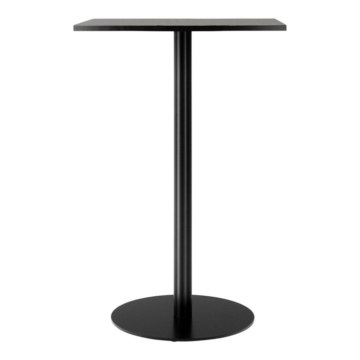 Sleek black metal bar table with a round base and minimalist design, perfect for modern spaces.