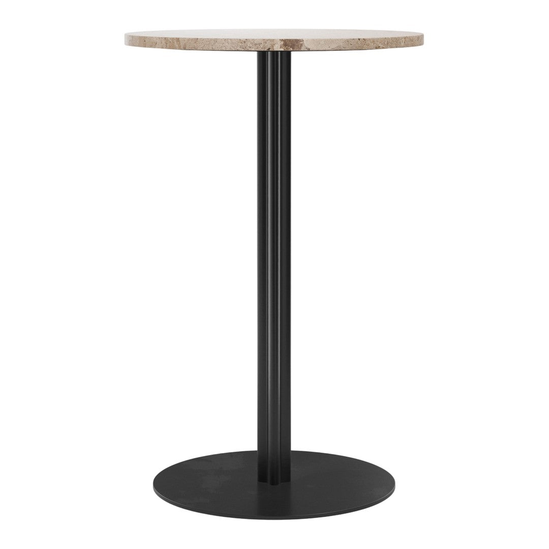 Round marble top table with a sleek black metal base, featuring a modern and minimalist design.