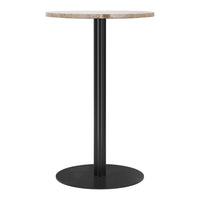 Round marble top table with a sleek black metal base, featuring a modern and minimalist design.