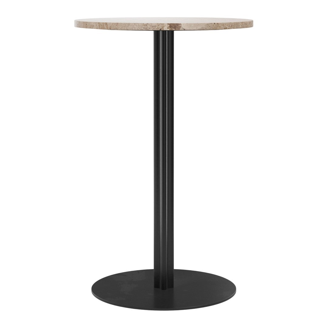 Round tabletop in natural beige pattern with a sleek black metal base. Modern and minimalist design.