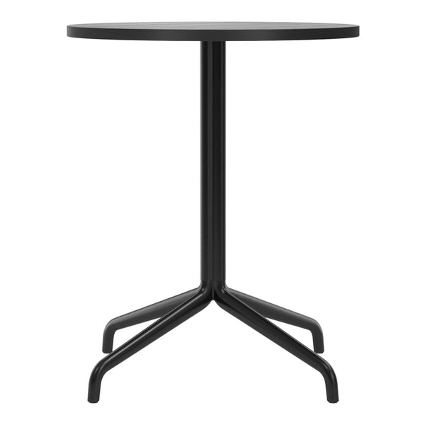 Black round table with a sleek metal frame and minimalist design, featuring a smooth, solid surface.