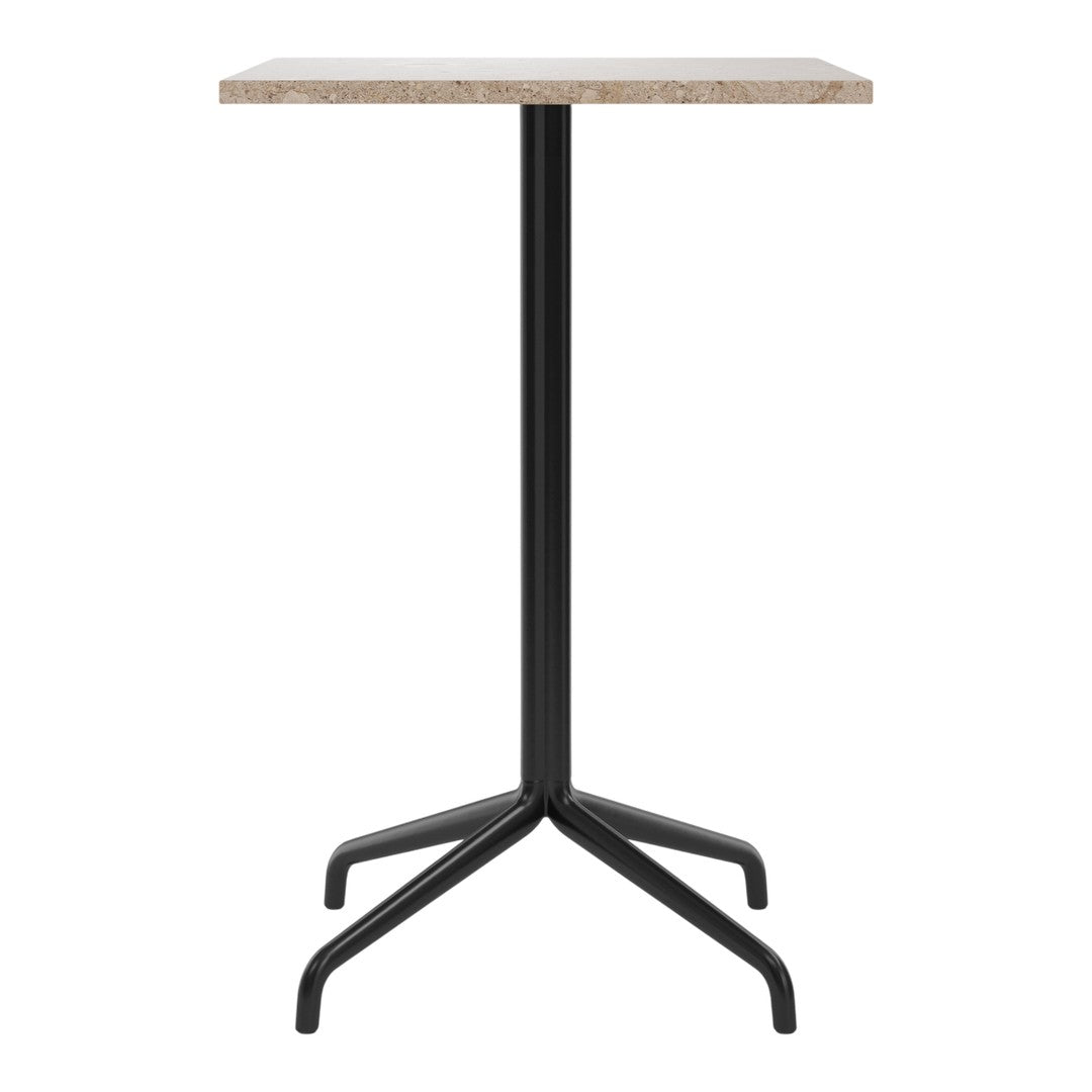 Modern black metal table with a light granite top, featuring a sleek, minimalistic design. Perfect for contemporary spaces.