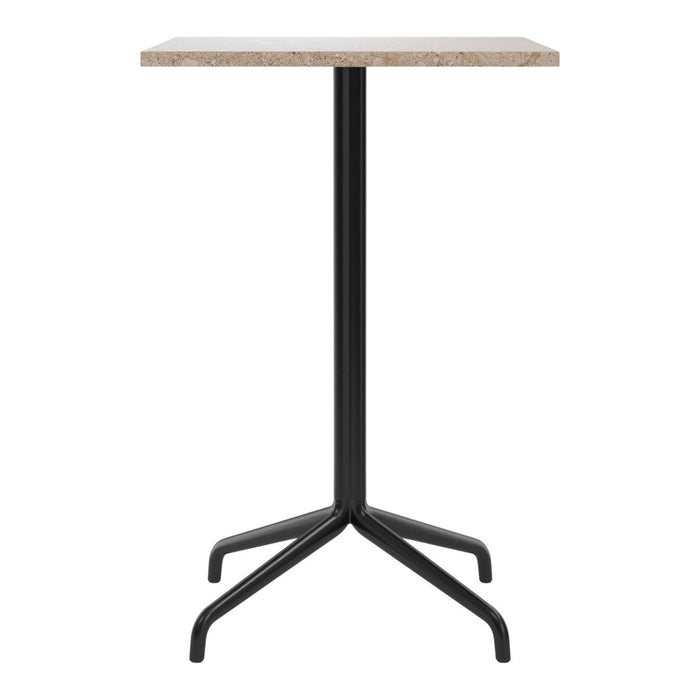 Modern black metal table with a light granite top, featuring a sleek, minimalistic design. Perfect for contemporary spaces.