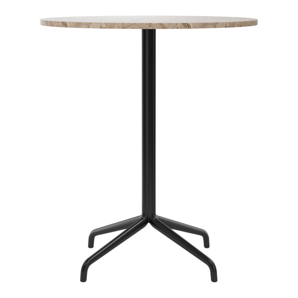 Round, light-colored marble tabletop with a sleek black metal base in a modern design. Ideal for contemporary decor.