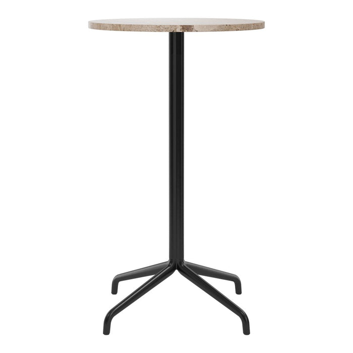 Round black metal bar table with a natural stone patterned top. Modern and sleek design for stylish spaces.