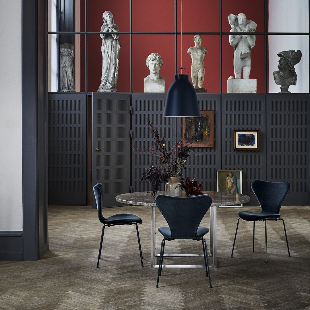 Series 7 Chair 3107, Fully Upholstered, Upholstery: Christianshavn Blue Uni, Base: Steel Chromed Steel