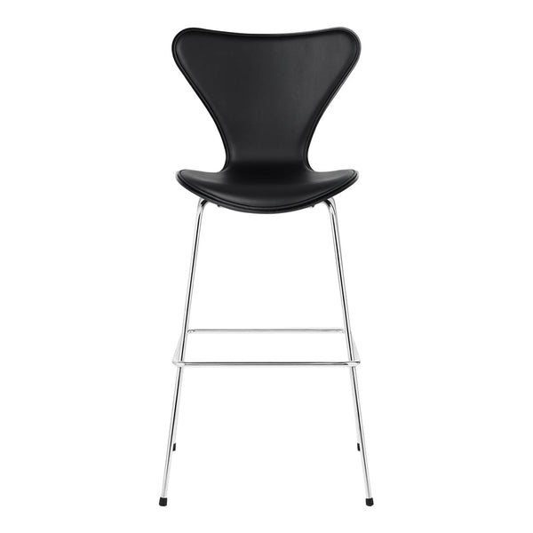 Black curved seat barstool with a sleek metal frame, featuring a minimalist design and elegant silhouette.