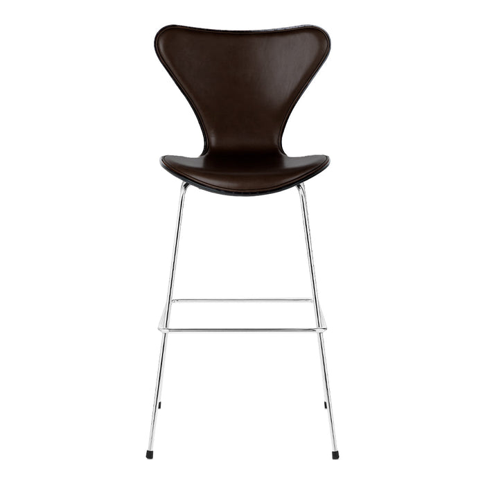 Brown leather bar stool with a sleek, modern design and chrome legs, perfect for contemporary interiors.