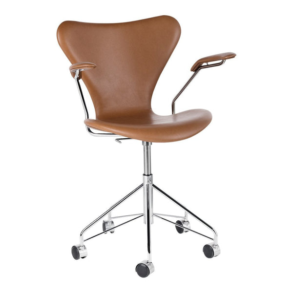 Brown leather office chair with a smooth finish and chrome accents, featuring a sleek, modern design.
