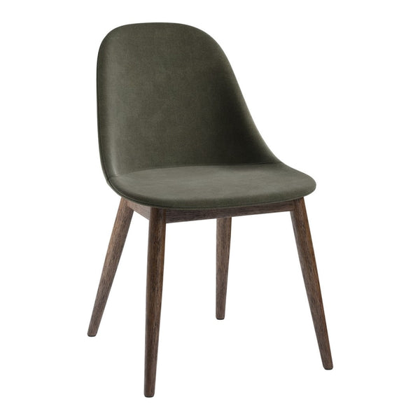 Olive green upholstered chair with wooden legs, featuring a sleek, modern design and smooth, curved lines.